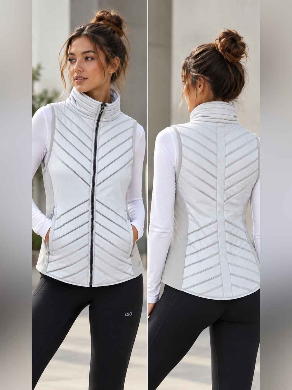 Alo Yoga Reflective Puffer Vest Women Medium Silver Full Zip Quilted Athletic